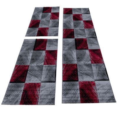 Kurzflor Teppich Läuferset 3-teilig Bettumrandung Karo Muster Rot Grau Meliert