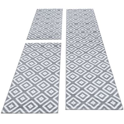 Teppich Läuferset 3-teilig Bettumrandung Karo Design Grau Weiß Meliert