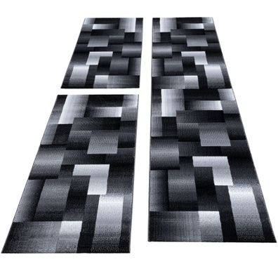 Bettumrandung Läufer Teppich Karo Läuferset 3 teilig Meliert Grau Schwarz Weiß