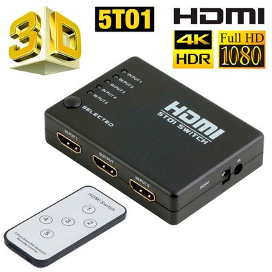 HDMI Verteiler 5 in 1 out auto switch + Fernbedienung 1080p HD DVD, PC, PS etc.