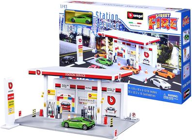 Bburago Street Fire Tankstelle inkl. 1 Fahrzeug Modellauto Gas Station Spielzeug