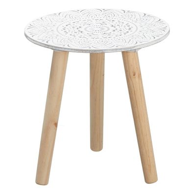 Beistelltisch ca. 30 cm - weiß mit Dekor - Füße in natur - Kleiner Tisch Blumenhocker