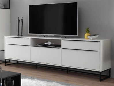TV-Lowboard "Lille" weiß matt lackiert Fernsehtisch mit Metallgestell schwarz 215 x