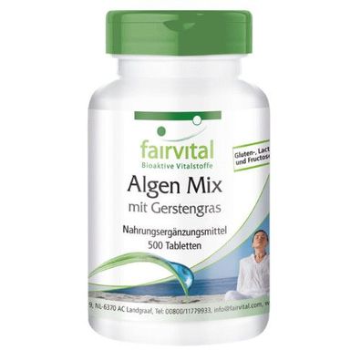 Algen Mix mit Gerstengras 500 Tabletten, Spirulina + Chlorella - fairvital
