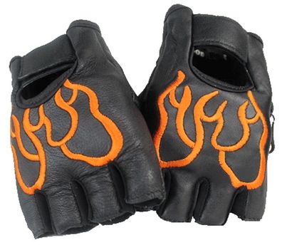 Motorrad BIKER Fingerlose Echt Leder Handschuhe GLOVES Schwarz Flamme Orange