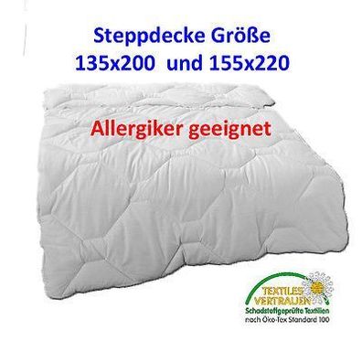 Bettdecke Steppdecke Steppbett Allergiker geeignet Kochfest 95° 135x200 155x220