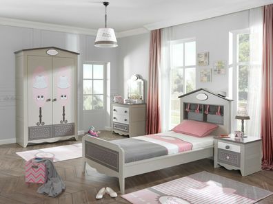 Mädchenzimmer-Set Sally in Grau Pink mit Kleiderschrank, Schreibtisch und Kommod