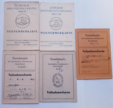 Teilnehmerkarten SED Parteilehrjahr verschiedene Jahre