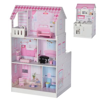 HOMCOM® Kinder Puppenhaus und Kinderküche aus Holz 2-in-1 Spielküche Dollhouse Rosa