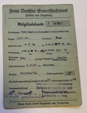FDGB Mitgliedskarte aus Gründungsjahr 1946 Zwickau und Umgebung