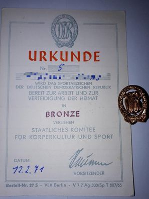 Abzeichen Sportabzeichen in Bronze mit Urkunde