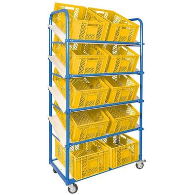 Schrägbodenwagen, 5 Ebenen, 4 Lenkrollen, 10 Euroboxen durchbr., 600x400x240mm, gelb
