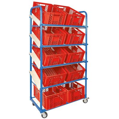 Schrägbodenwagen, 5 Ebenen, 4 Lenkrollen, 10 Euroboxen durchbr., 600x400x240mm, rot