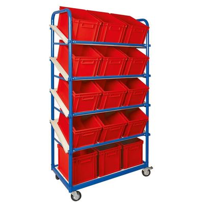 Schrägbodenwagen, 5 Ebenen, 4 Lenkrollen, 15 Euroboxen 400x300x235 mm, rot