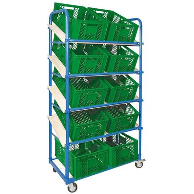 Schrägbodenwagen, 5 Ebenen, 4 Lenkrollen, 10 Euroboxen durchbr., 600x400x240mm, grün