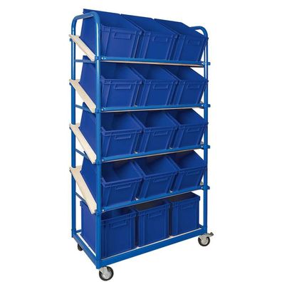 Schrägbodenwagen, 5 Ebenen, 4 Lenkrollen, 15 Euroboxen 400x300x235 mm, blau