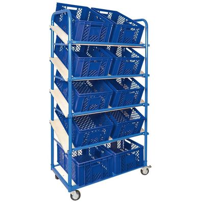 Schrägbodenwagen, 5 Ebenen, 4 Lenkrollen, 10 Euroboxen durchbr., 600x400x240mm, blau