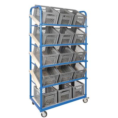 Schrägbodenwagen, 5 Ebenen,4 Lenkrollen, 15 Euroboxen 400x300x225 mm, grau