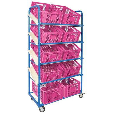 Schrägbodenwagen, 5 Ebenen, 4 Lenkrollen, 10 Euroboxen durchbr., 600x400x240mm, pink