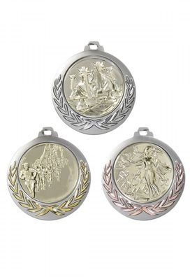 Medaille in siber mit Zierkranz in gold, silber, bronze, 7 cm