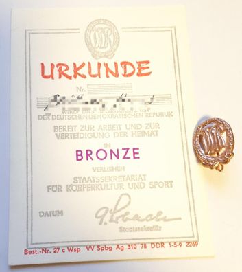 Sportabzeichen in Bronze mit Urkunde