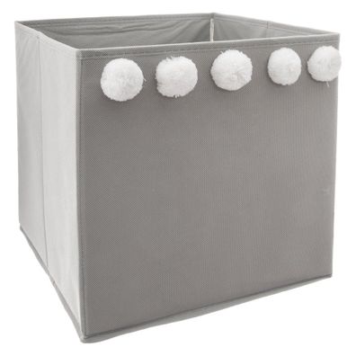 Aufbewahrungsbox für Kinder, 29 x 29 x 29 cm, grau mit Pompons
