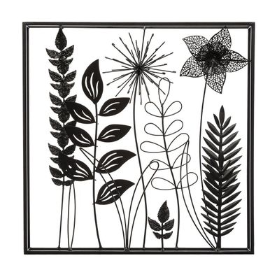 Wanddekoration im Rahmen Blätter, Metall, 40 x 40 cm, schwarz