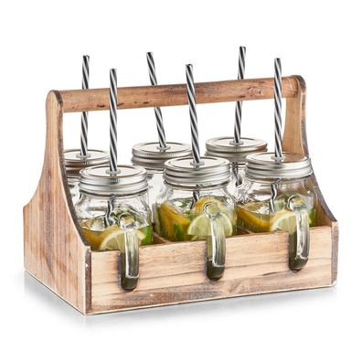 Box für Trinkgläser-Set, 6 x Glas mit Stroh, Holz, ZELLER