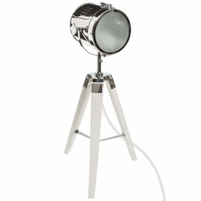 Projektorlampe aus Metall und gebürstetem Holz, Ebenweiß, H68, Weiß/ silberfarben