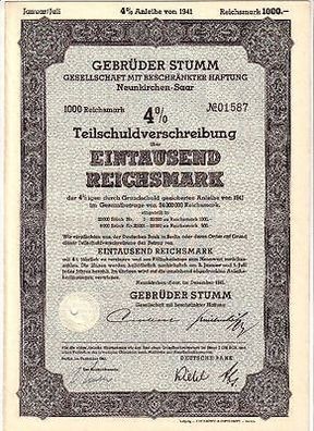 alte Aktie Gebrüder Stumm GmbH Neunkirchen Saar über 1000 Reichsmark 1941
