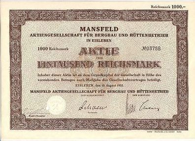 alte Aktie Mansfeld AG für Bergau und Hüttenbetrieb Eisleben 1000 Mark 1933