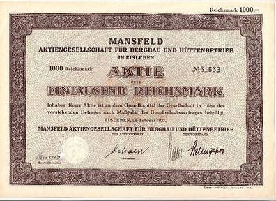alte Aktie Mansfeld AG für Bergau und Hüttenbetrieb Eisleben 1000 Mark 1937