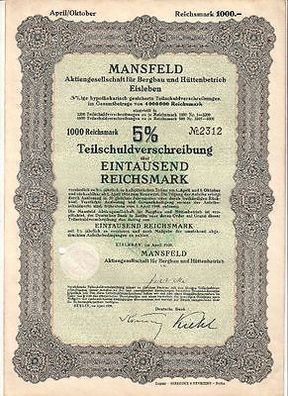 alte Aktie Mansfeld AG für Bergau und Hüttenbetrieb Eisleben 1000 Mark 1939