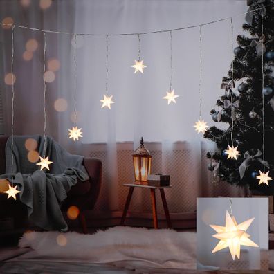LED Vorhang mit 3D Sternen - warmweiß - 9 Sterne - Weihnachts Stern Lichterkette