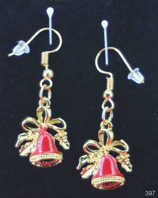 1 Paar Glocken rot gold-farbig Ohrhänger, Ohrring Emaille-Schmuck Weihnacht