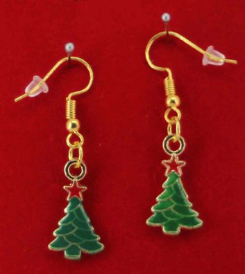 1 Paar Ohrhänger Tannenbaum grün-farbig , Ohrring Emaille-Schmuck Weihnacht