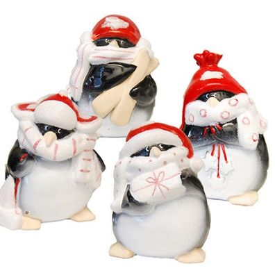 Pinguin aus Keramik Deko Weihnachten mit Geschenk Stern Mütze Ski rot weiß NEU