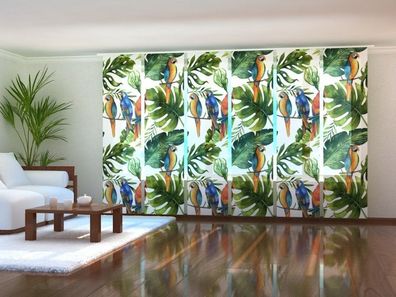 Foto-Schiebegardine Palmenblätter und Papageie, Flächenvorhang mit Motiv, auf Maß