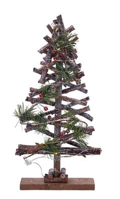 Holz LED Weihnachtsbaum 37 cm - mit Zweigen und Glitzer - Weihnachts Tisch Deko Baum