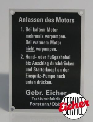 Aluminium Schild "Anlassen des Motor"