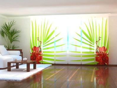 Foto-Schiebegardine Palmenblätter mit Orchideen, Flächenvorhang mit Motiv, auf Maß