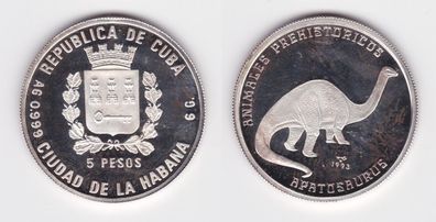 5 Pesos Silber Münze Kuba Dinosaurier Apatosaurus 1993 PP (141306)