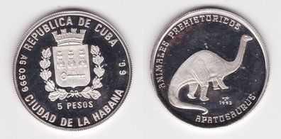 5 Pesos Silber Münze Kuba Dinosaurier Apatosaurus 1993 PP (141498)