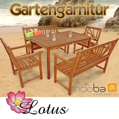 Gartenmöbel Set Holz 5-tlg, Tisch + 2 Stühle + 2 Bänke, Serie Lotus - indoba®