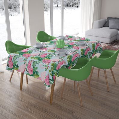 Foto-Tischdecke "Flamingos und Orchideen" Tafeldecke mit Motiv, 3D Fotodruck, auf Maß