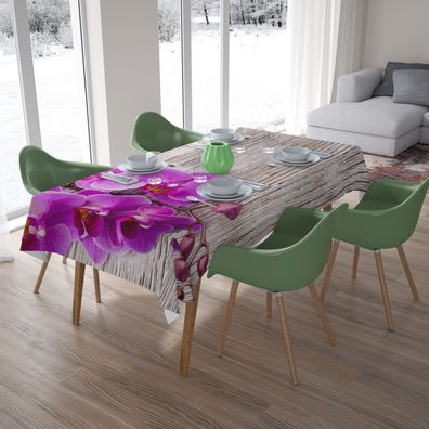Foto-Tischdecke "Orchideen und helles Holz" Tafeldecke mit Motiv, 3D Fotodruck