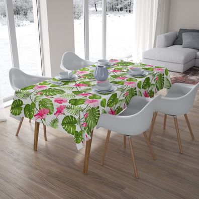 Foto-Tischdecke "Tropische Blumen auf Weiss" Tafeldecke mit Motiv, 3D Fotodruck