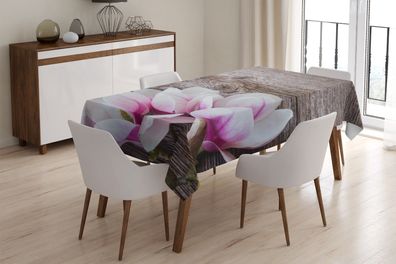 Foto-Tischdecke "Magnolien auf dem Holz" Tafeldecke mit Motiv, 3D Fotodruck, auf Maß