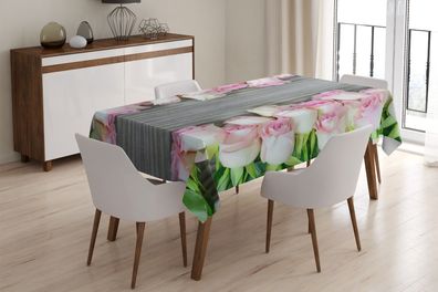 Foto-Tischdecke "Rosen und Holz" Tafeldecke mit Motiv, 3D Fotodruck, Maßanfertigung