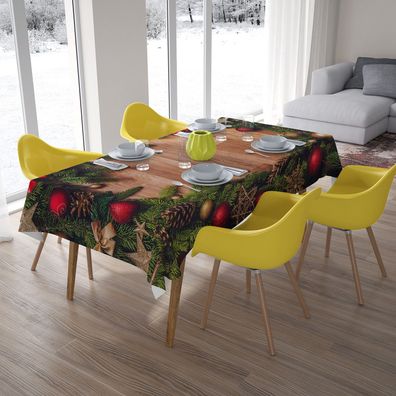 Foto-Tischdecke "Weihnachtsdeko und Holz" Tafeldecke mit Motiv, 3D Fotodruck, auf Maß